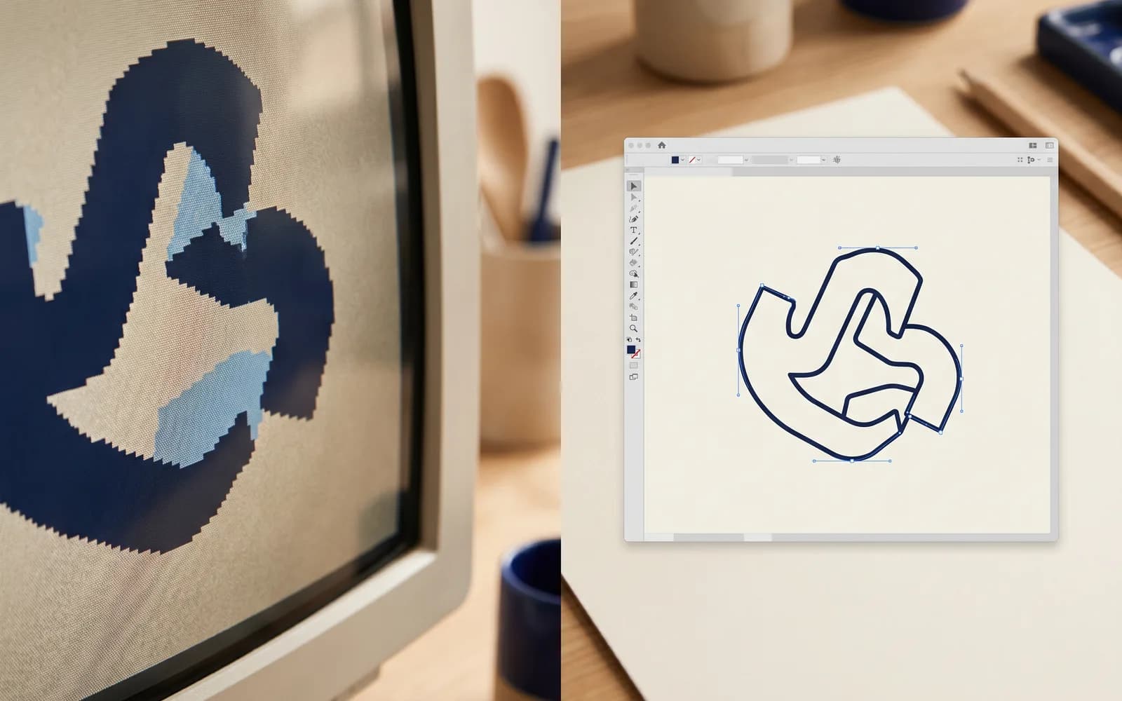 Vorher-Nachher: pixelige Vorlage links, von Hand nachgezeichnete Vektorpfade rechts – Logo vektorisieren lassen